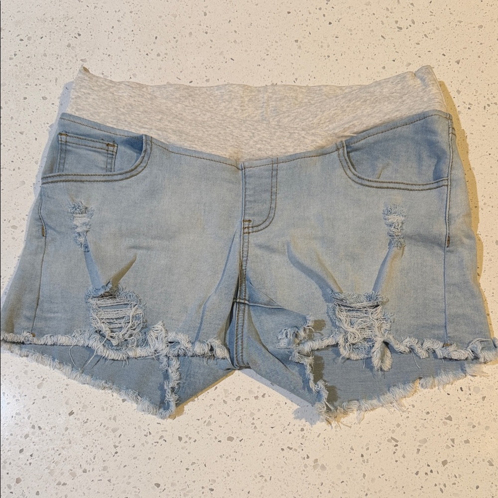 Light Blue Distressed Denim Women’s Maternity Shorts